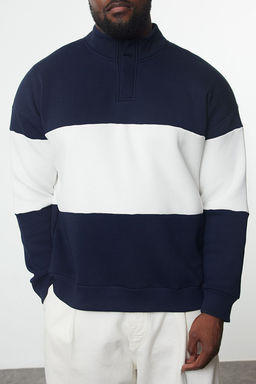 TRENDYOL MAN Lacivert Oversize/Genis Kesim Dik Yaka Renk Bloklu Ici Polar Buyuk Beden Sweatshirt TMNAW25AO00033 - Trendyolmilla фото 3