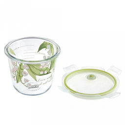 Контейнер стеклянный Ландыши 700мл, д12,8см h10,6см, боросиликатное стекло, с деколью, с мерной шкалой, круглый, пластмассовая крышка с пароотводом, герметичная, с клипсами, с силиконовым уплотнителем (Китай) - Домашняя мода фото 2
