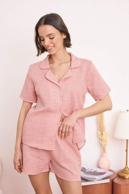 Bordo %100 Pamuklu Cizgili Muslin Dokuma Pijama Tak?m? THMSS26PT00135