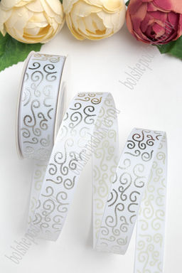 Лента репсовая 2,5 см*20 ярд "Узор" SF-5852, белый/серебро №01