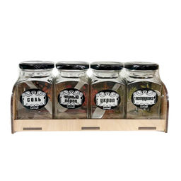 Набор банок кубик 4 шт. 26 мл стекл. с пласт. ложкой и мет. кр. на дер. подсавке арт. 04400-00017/..