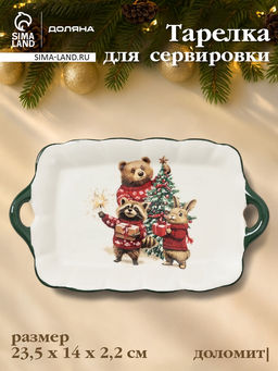 Тарелка сервировочная новогодняя Доляна «Сказки зимнего леса», 23.5×14×2.2 см, доломит, белая
