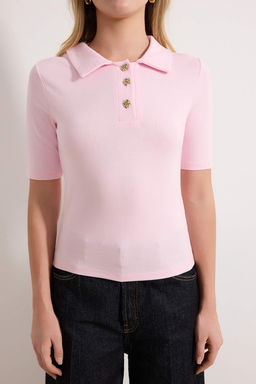 Pembe Fitted/Vucuda Oturan Polo Yaka Kolsuz Dugmeli Yumusak Orme Bluz TWOSS26BZ00014