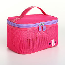 Косметичка-сундучок на молнии, с ручкой, сетка/малиновая