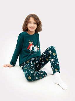 Комплект для мальчиков (джемпер, брюки) зеленый со зверятами