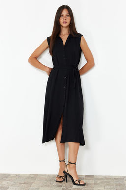 Siyah Kusakl? Duz Midi Kusakl? Siyah Kolsuz Gomlek Dokuma Elbise TWOSS24EL00984 - Trendyolmilla фото 3