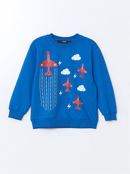 Bisiklet Yaka Bask?l? Erkek Bebek Sweatshirt