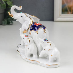 Фигурка керамика «Слон со слонятами», белый с золотом, стразы, 16.2 см