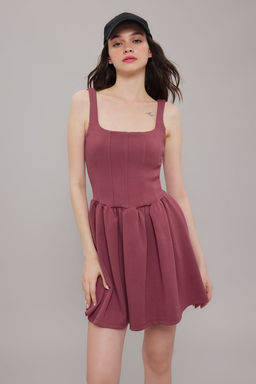 TRENDYOLMILLA Gul Kurusu Kare Yaka Balon Skater/Belden Ac?klan Balon Etekli Mini Orme Elbise TWOSS25EL00371  фото 2