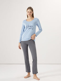 Bisiklet Yaka Bask?l? Kad?n Pijama Tak?m?