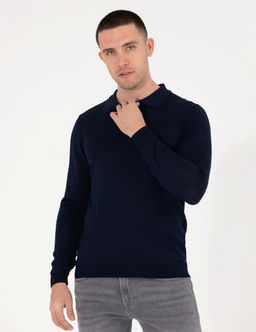 Lacivert Slim Fit Polo Yaka Y_n Kar___ml_ Basic Triko Kazak