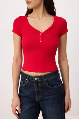 Ekru Fitted/Vucuda Oturan V Yaka K?sa Kollu Pamuk Ribana Orme T-Shirt TWOSS26TS00125 - Trendyolmilla фото 11