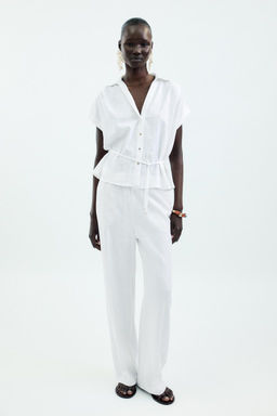 LINEN BLEND BELTED BLOUSE