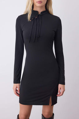 Siyah Bodycon Baglama Detayl? K?sa / Mini Esnek Orme Elbise TWOAW26EL00220 - Trendyolmilla фото 7