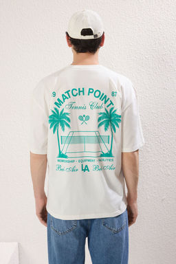 TRENDYOL MAN Ekru Oversize/Genis Kesim Tenis Bask?l? %100 Pamuk T-Shirt TMNSS25TS00116 - Trendyolmilla фото 4