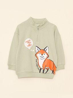 Dik Yaka Bask?l? Uzun Kollu Erkek Bebek Sweatshirt