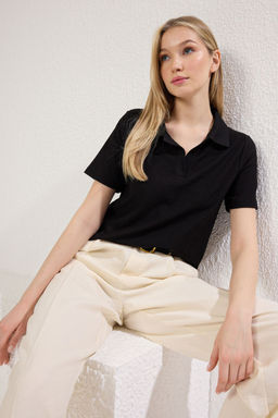 TRENDYOLMILLA Siyah Polo Yaka Dugmeli Regular/Standart Kal?p Burumcuk Orme Bluz TWOSS25GO00105 фото 6