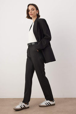 Siyah Cizgili Fitted Normal Bel Esnek Interlok Orme Pantolon TWOAW26PL00137 - Trendyolmilla фото 2