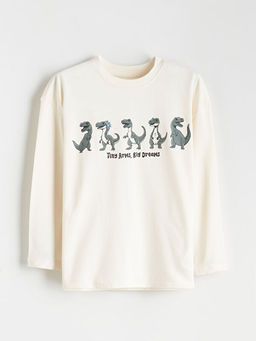 Bisiklet Yaka Dinozor Bask?l? Erkek ?ocuk Sweatshirt