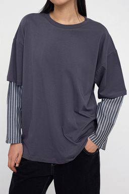 Teen Antrasit Dokuma Garni Detayl? Oversize/Genis Kal?p Uzun Kollu Orme T-Shirt TWOAW26TS00003