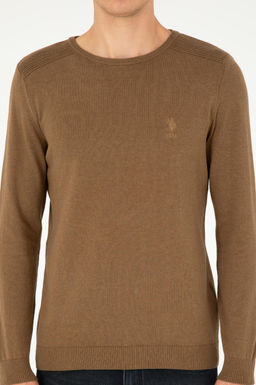 Erkek Slim Fit Bisiklet Yaka Haki Melanj Basic Kazak