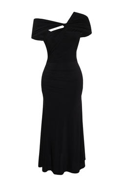 Siyah A-Kesim Asimetrik Yaka Orme S?k Abiye Elbise TPRSS24EL00046