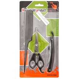 Набор "Домашняя парикмахерская" 4 предмета: ножницы с пластмассовыми ручками 13,9х5,2х0,4см; бритва филировочная 20,9х1,5х1см, пластмассовая ручка; лезвие для бритвы 5,8см; расческа с ручкой 21,7х2,5х0,4см, на картоне (Китай)