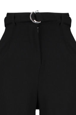 Siyah Kemerli Wideleg/Genis Paca Yuksek Bel Smart Krep Kumas Orme Pantolon TWOSS23PL00330