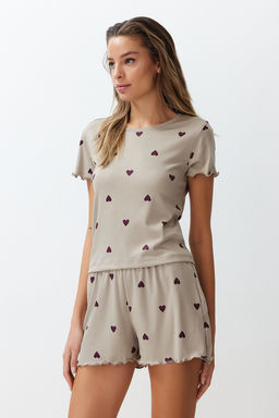 Trendyolmilla Gri Melanj Kalpli Slogan Bask?l? Lastikli Fitilli Sortlu Orme Pijama Tak?m? THMSS24PT00220  фото 15