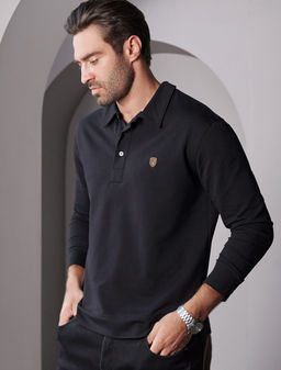 Лонгслив с воротником поло на пуговицах из премиального хлопка с эластаном