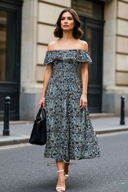Mavi Cicekli Carmen Yaka A Line/Can Kesim Midi Orme Elbise TWOSS25EL00544