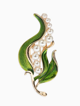 Брошь «Стручок гороха», белый, зелёная в золоте