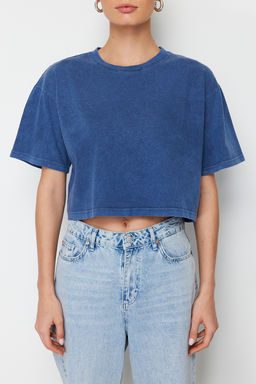 TRENDYOLMILLA Antrasit %100 Pamuk Soluk Efektli S?rt Bask?l? Relaxed Crop Orme T-Shirt TWOSS23TS00116  фото 5