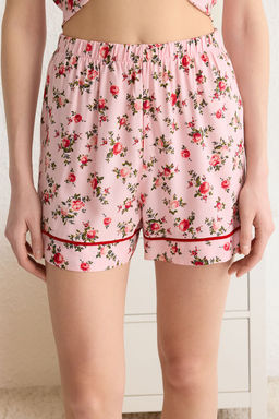 Pudra-Cok Renkli Cicekli Biyeli Viskon Sortlu Dokuma Pijama Tak?m? THMSS25PT00043