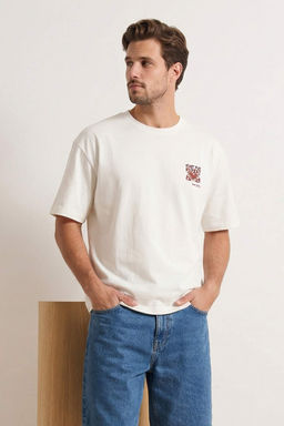 Ekru Oversize/Genis Kesim Nak?sl? %100 Pamuk T-shirt TMNSS26TS00024