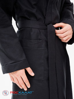 Мужской вафельный халат с планкой черный В-03 (27)