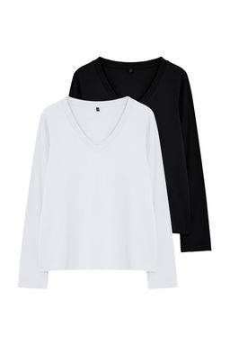 Trendyolmilla Siyah-Beyaz 2li Paket %100 Pamuk V Yaka Regular/Normal Kesim Orme T-Shirt TWOAW25TS00002 фото 6