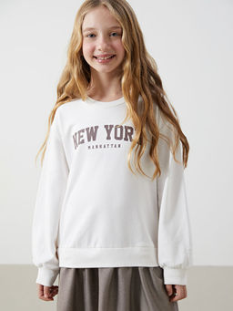 Bisiklet Yaka New York Bask?l? K?z ?ocuk Elbise