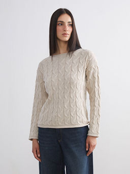 Kay?k Yaka Kendinden Desenli Kad?n Triko Kazak