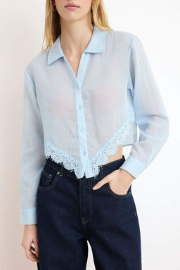 Mavi Dokulu Dantel Garnili Crop Gomlek TWOSS26GO00055 - Trendyolmilla фото 3