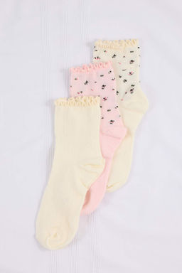 Ekru-Pembe 3lu Pamuklu Cicekli Baby Overloklu Jakar Orme Corap THMSS26CO00023