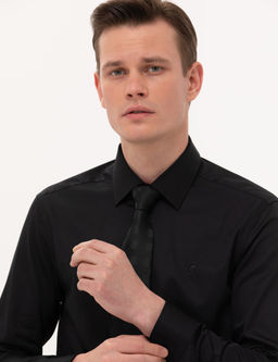 Siyah %100 Pamuk Parlak Saten Slim Fit Uzun Kollu Basic G_mlek