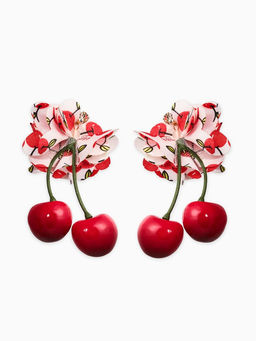 Серьги "Вишня с цветами" текстиль, цветные в золоте