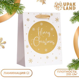 Пакет подарочный новогодний ламинированный «Золотые снежинки»,18×23×10 см