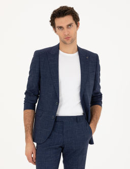 Lacivert Slim Fit Y_n Keten Kar___ml_ Tak_m Elbise