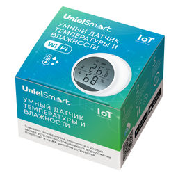 USN-A502 TS/WF WHITE Умный датчик температуры и влажности Wi-Fi, с экраном, на батарейках AAA*2 (н/к) / адаптер 5V (н/к). Звуковое+PUSH оповещение. Накладной. Белый. Приложение UnielSmart. TM Uniel