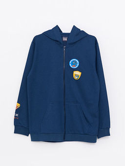 Kap??onlu Bask?l? Uzun Kollu Erkek ?ocuk Fermuarl? Sweatshirt