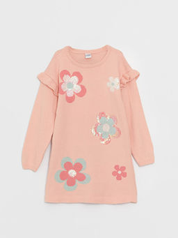 Bisiklet Yaka Desenli Uzun Kollu K?z ?ocuk Triko Elbise