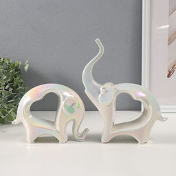 Набор фигурок керамика Слоники с сердечком, перламутр, 2 шт., h=12 см; 6?17?22 см