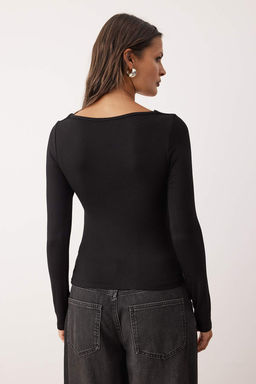 More Sustainable Siyah Fitted/Vucuda Oturan Buzgulu V Yaka Uzun Kollu Esnek Orme Bluz TWOAW26BZ00163